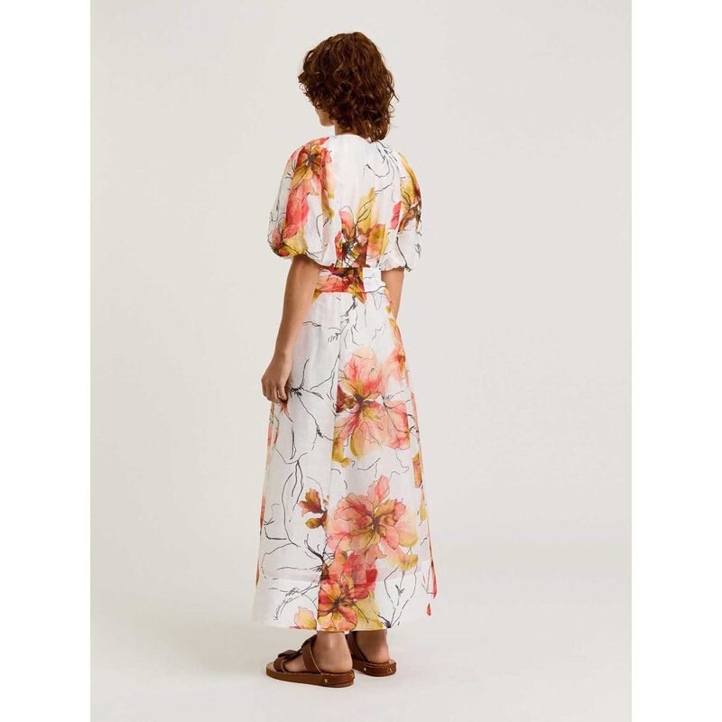 Veronika Maine Painted Floral Linen Silk Blouson Sleeve Midi Dress image number 1
